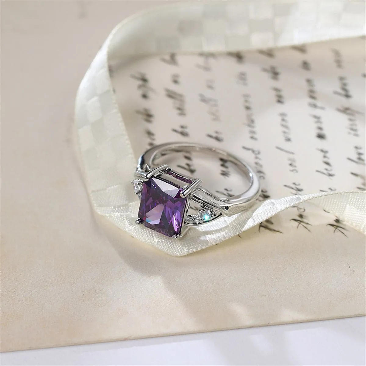 Purple Crystal & Cubic Zirconia Princess-Cut Ring