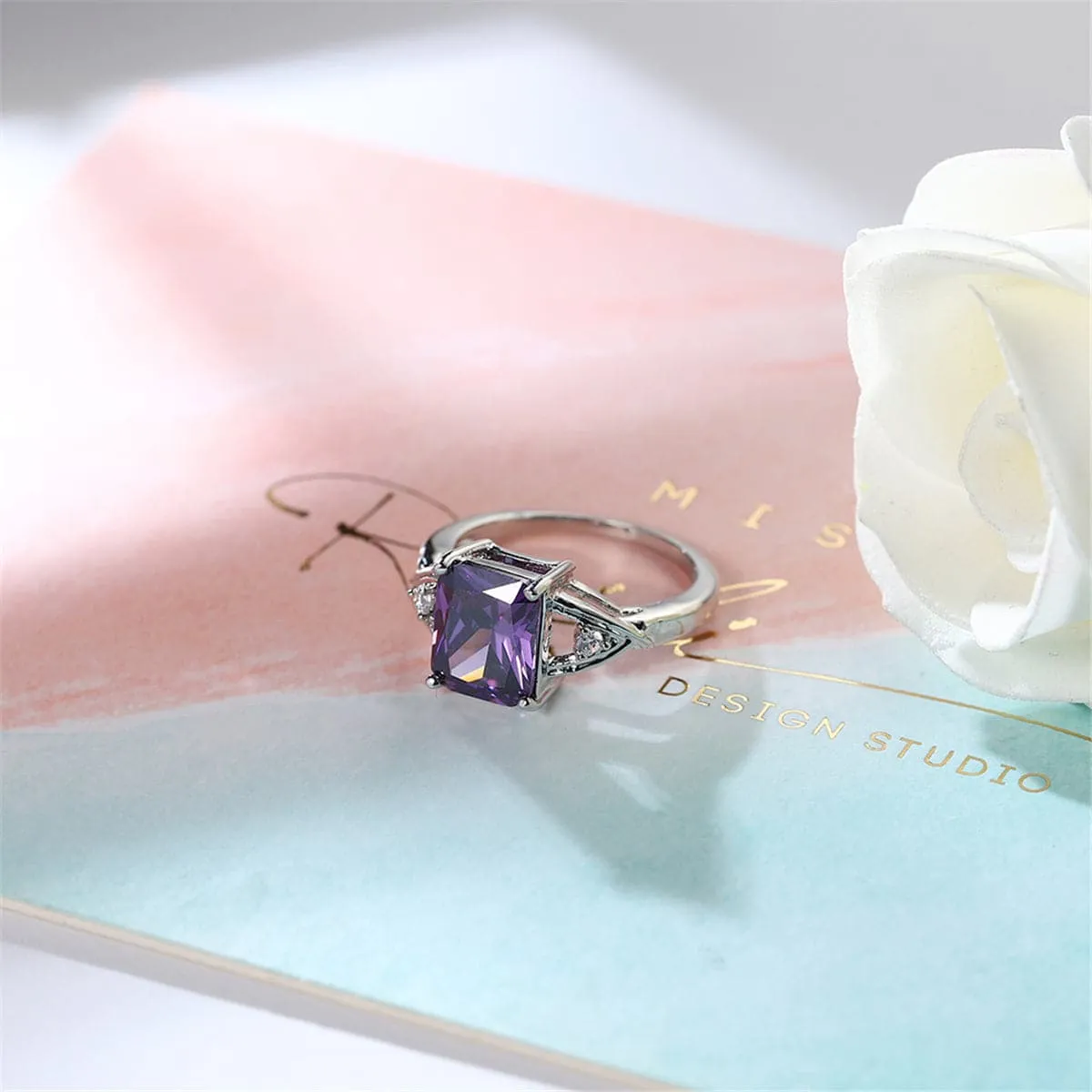 Purple Crystal & Cubic Zirconia Princess-Cut Ring
