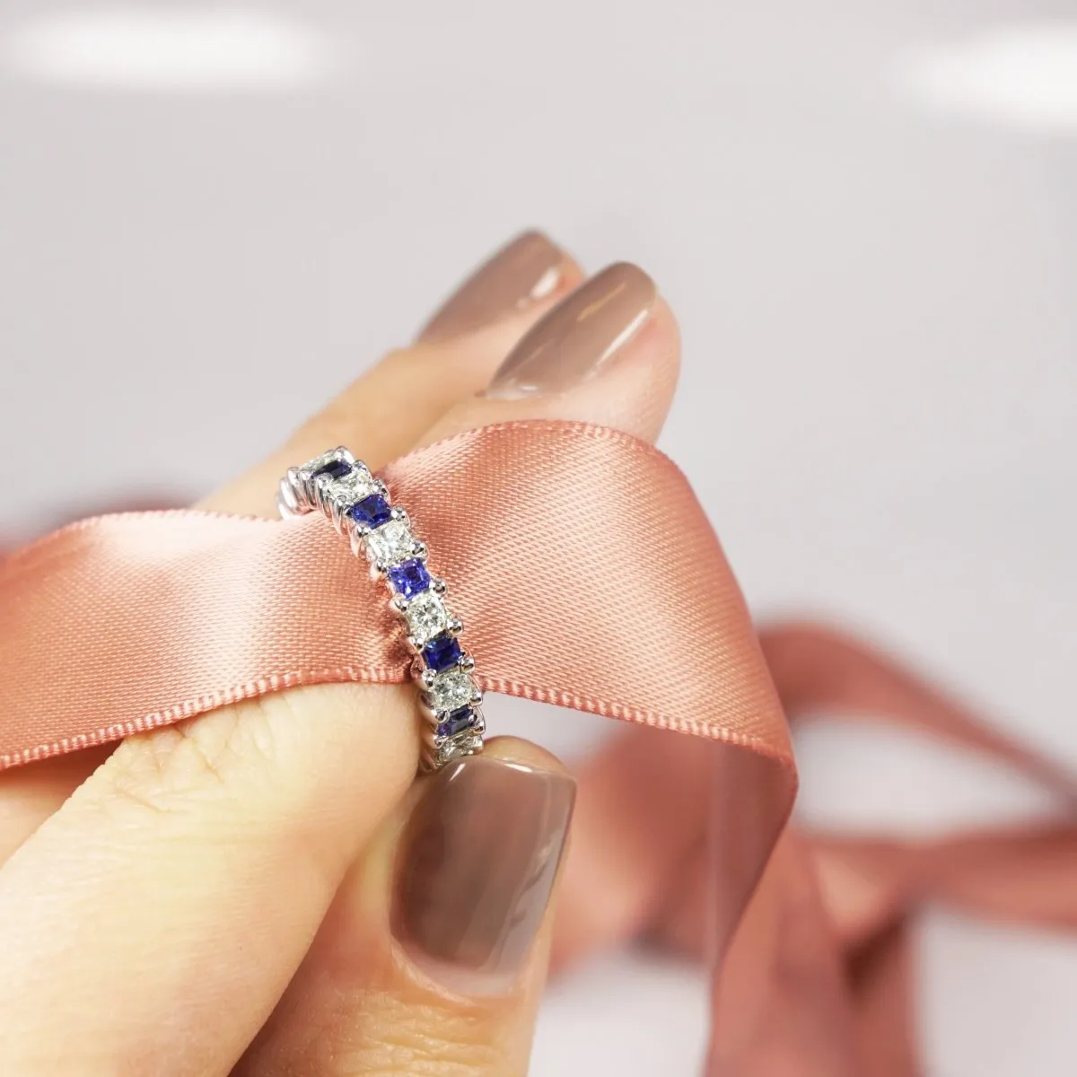 Reduced 3.40 CT Princess Cut Blue Sapphire and Diamond Eternity Ring in 14 KT White Gold