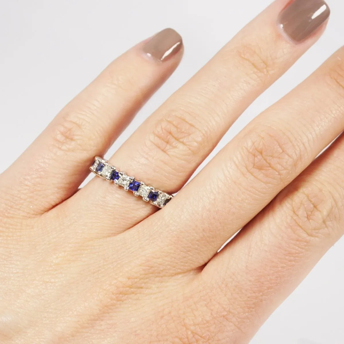Reduced 3.40 CT Princess Cut Blue Sapphire and Diamond Eternity Ring in 14 KT White Gold