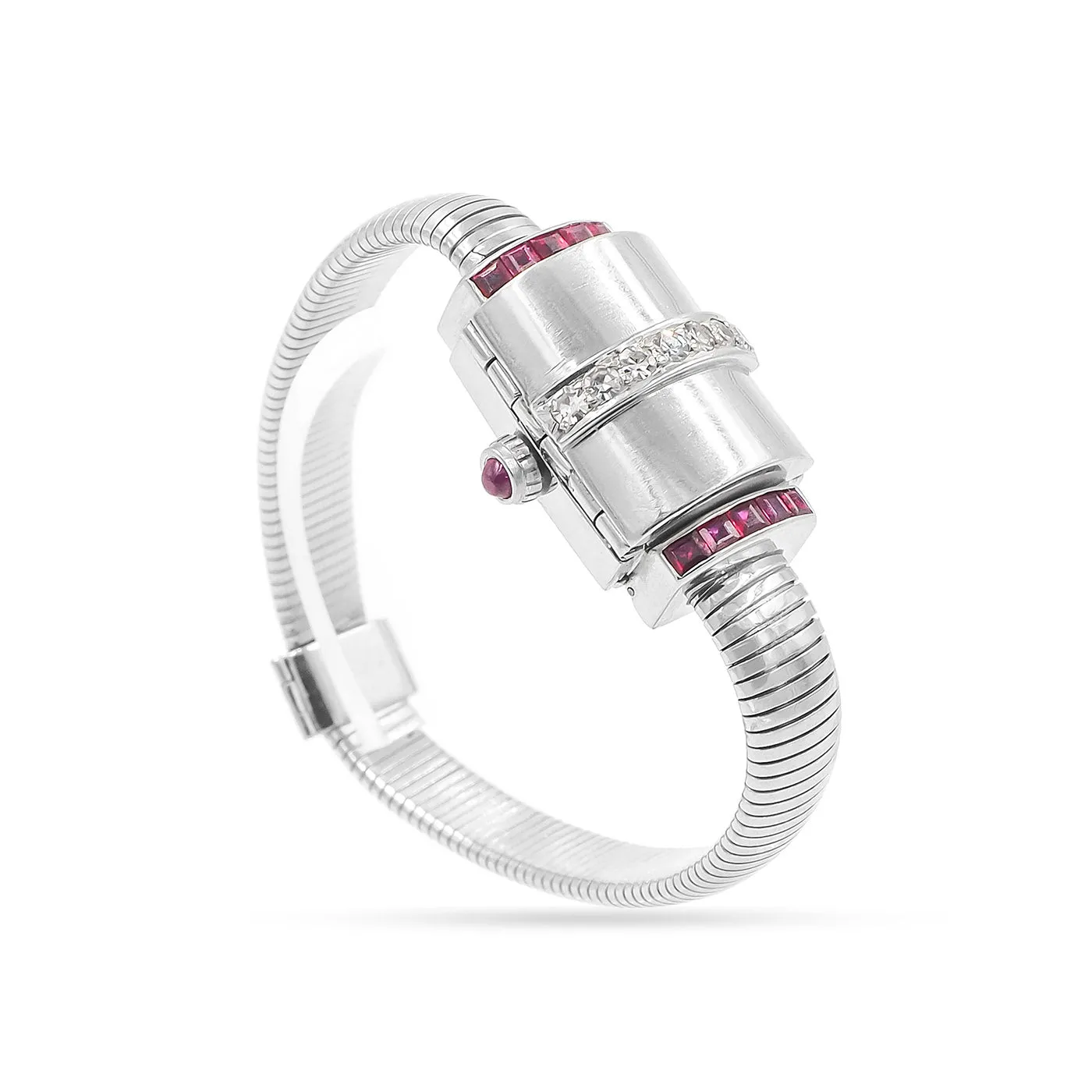 Retro Diamond & Ruby Platinum Watch Bracelet By Black, Starr, & Gorham