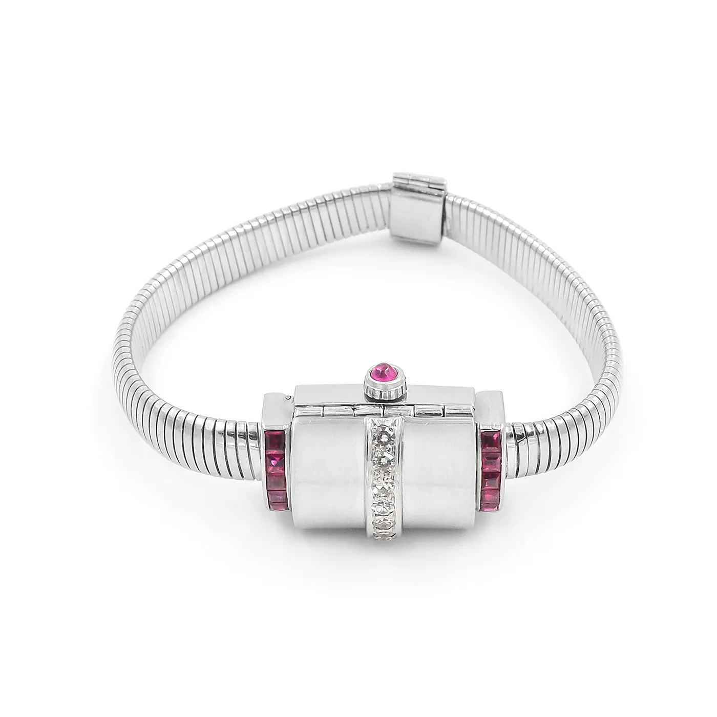 Retro Diamond & Ruby Platinum Watch Bracelet By Black, Starr, & Gorham