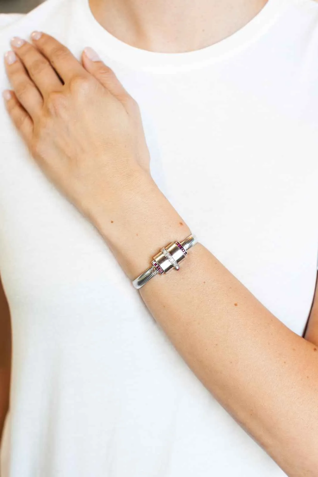 Retro Diamond & Ruby Platinum Watch Bracelet By Black, Starr, & Gorham