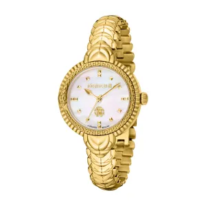 Roberto Cavalli Ladies Watch Gold Case, White MOP Dial, Gold Metal Bracelet