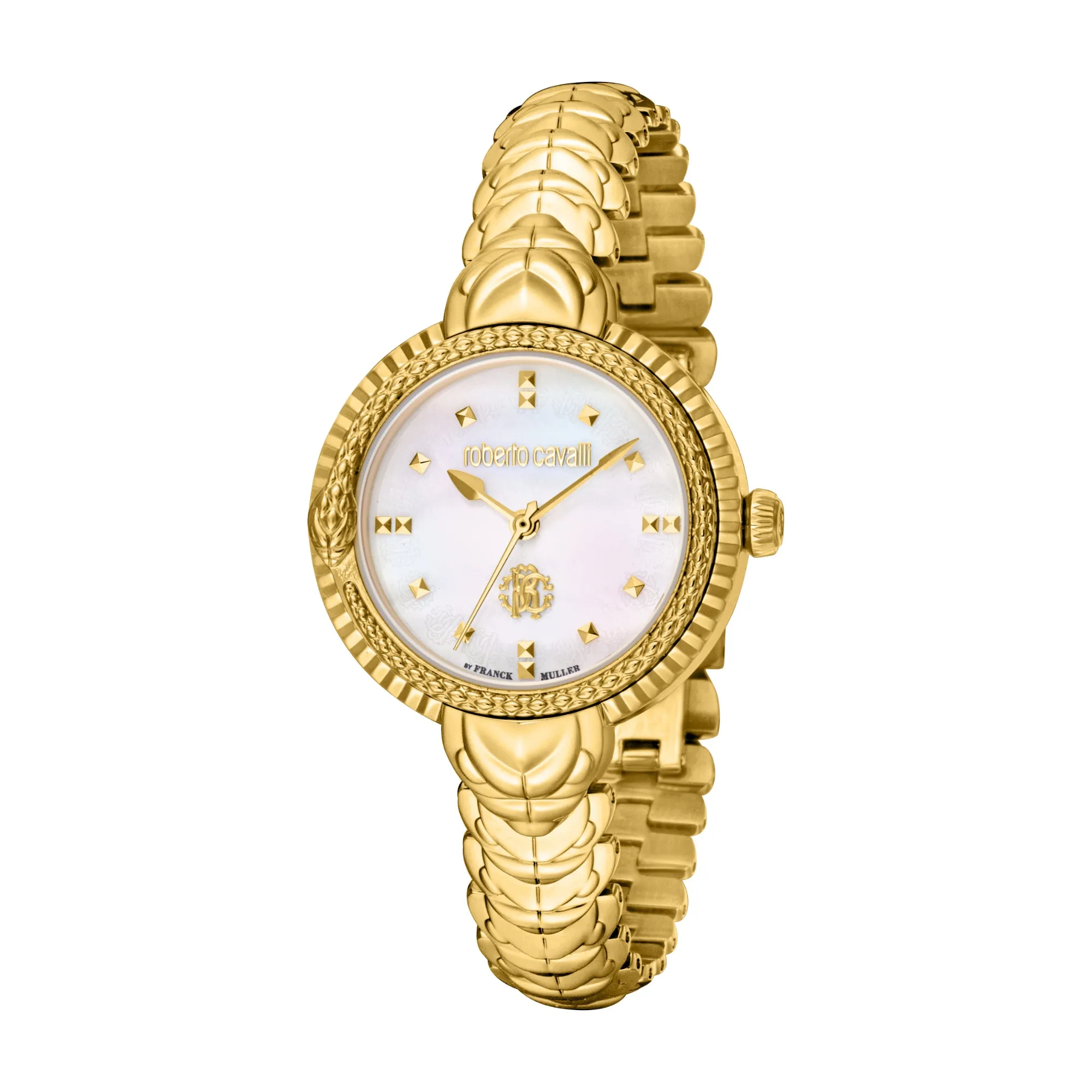 Roberto Cavalli Ladies Watch Gold Case, White MOP Dial, Gold Metal Bracelet