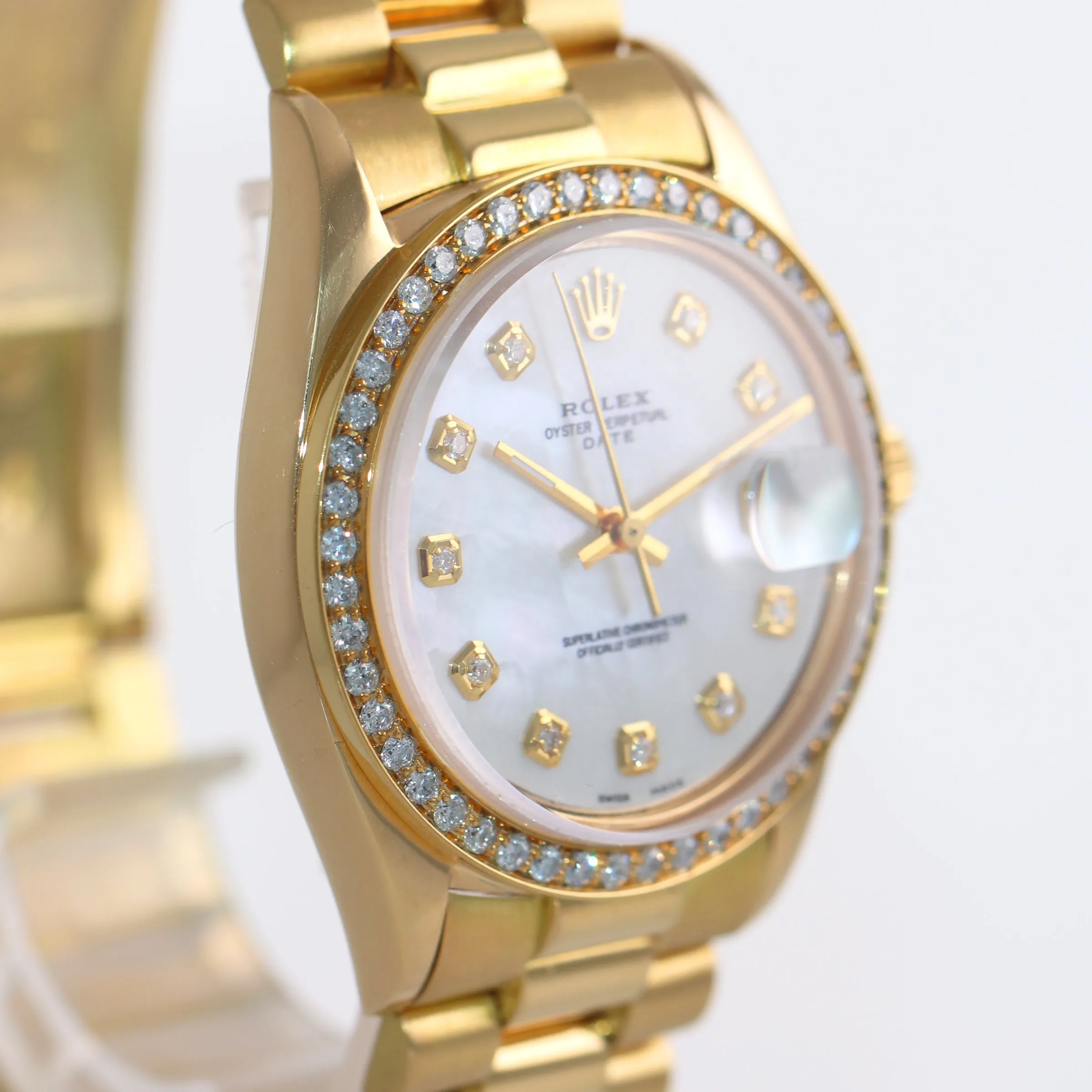 Rolex Date 1500 34mm Solid 14k Yellow Gold President MOP Diamond Bezel Watch
