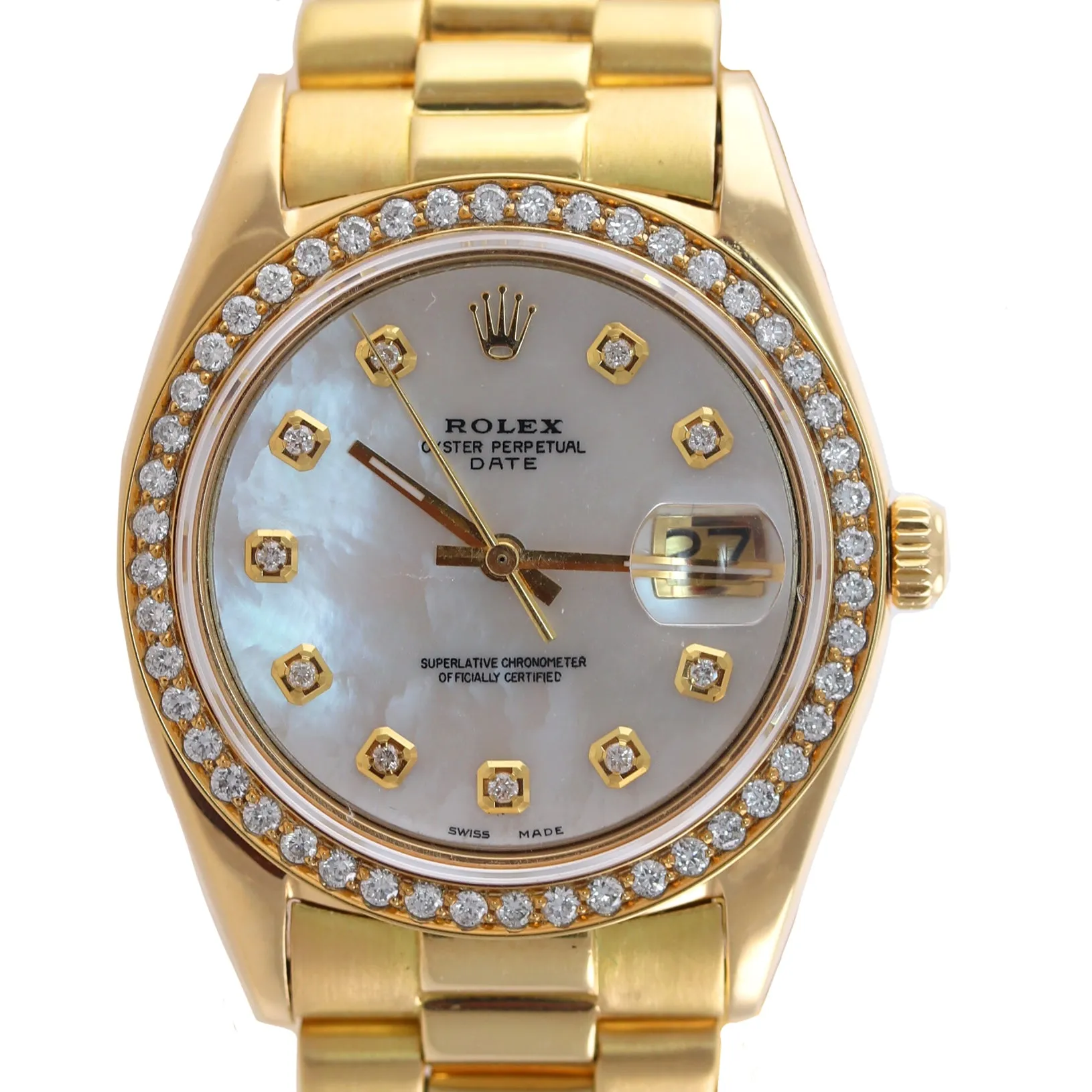 Rolex Date 1500 34mm Solid 14k Yellow Gold President MOP Diamond Bezel Watch