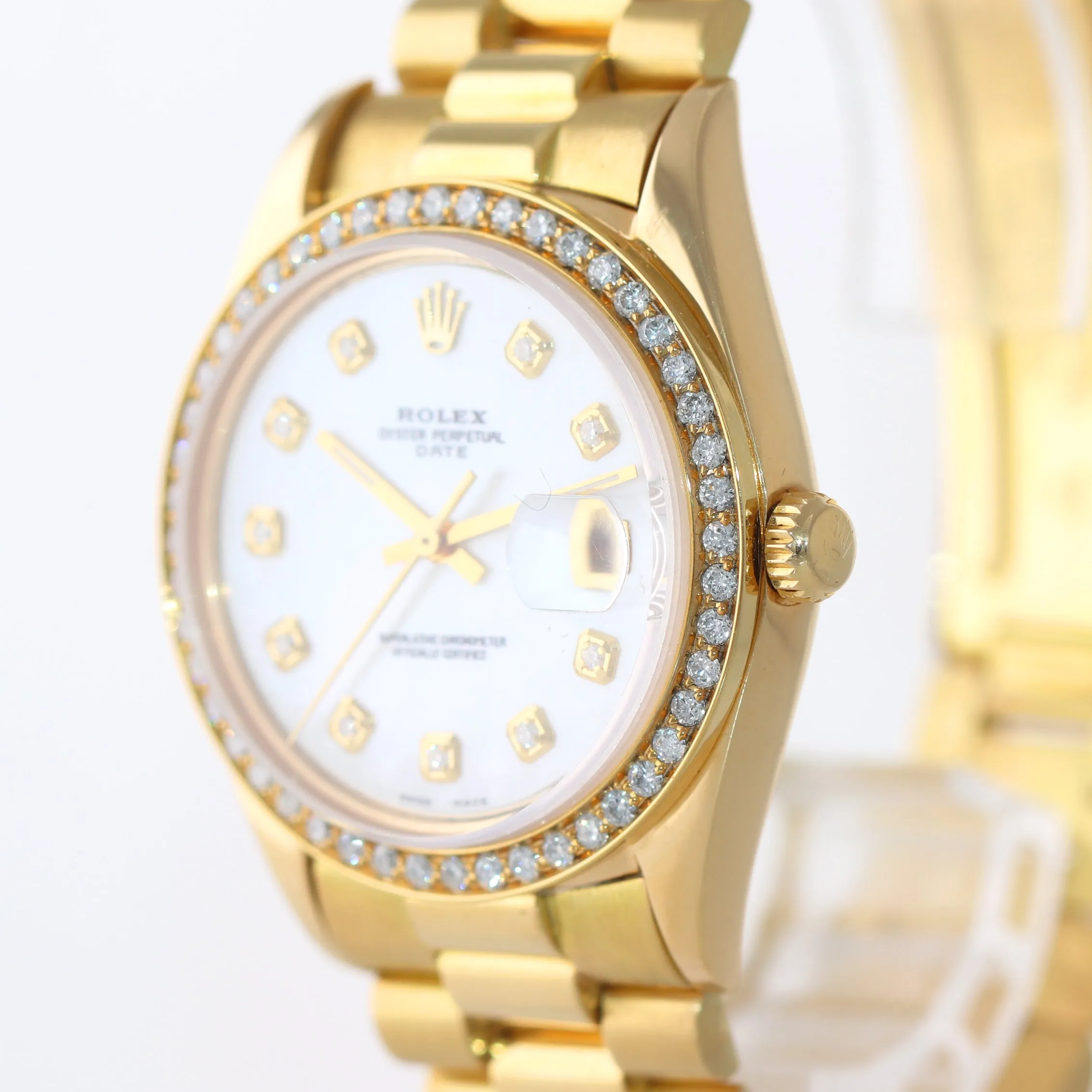 Rolex Date 1500 34mm Solid 14k Yellow Gold President MOP Diamond Bezel Watch