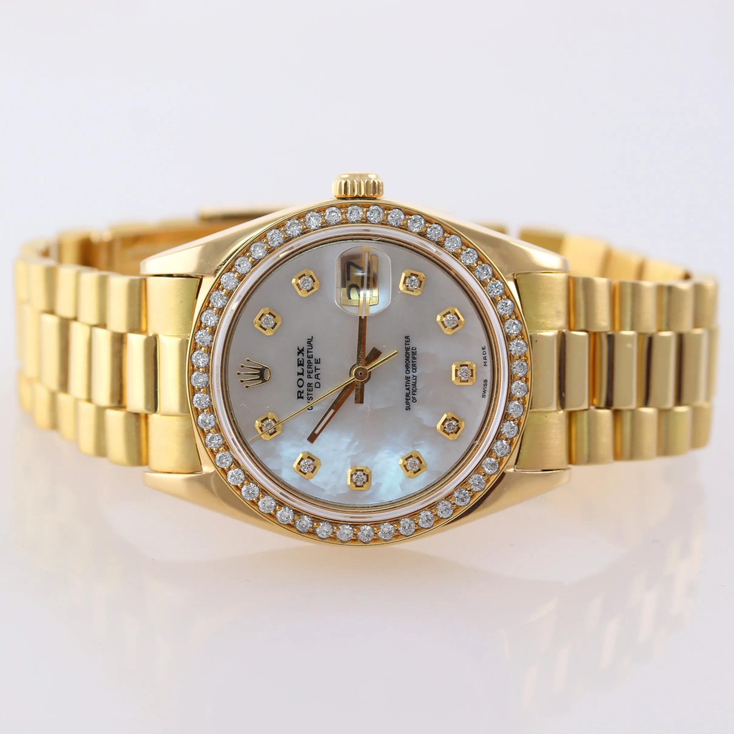 Rolex Date 1500 34mm Solid 14k Yellow Gold President MOP Diamond Bezel Watch