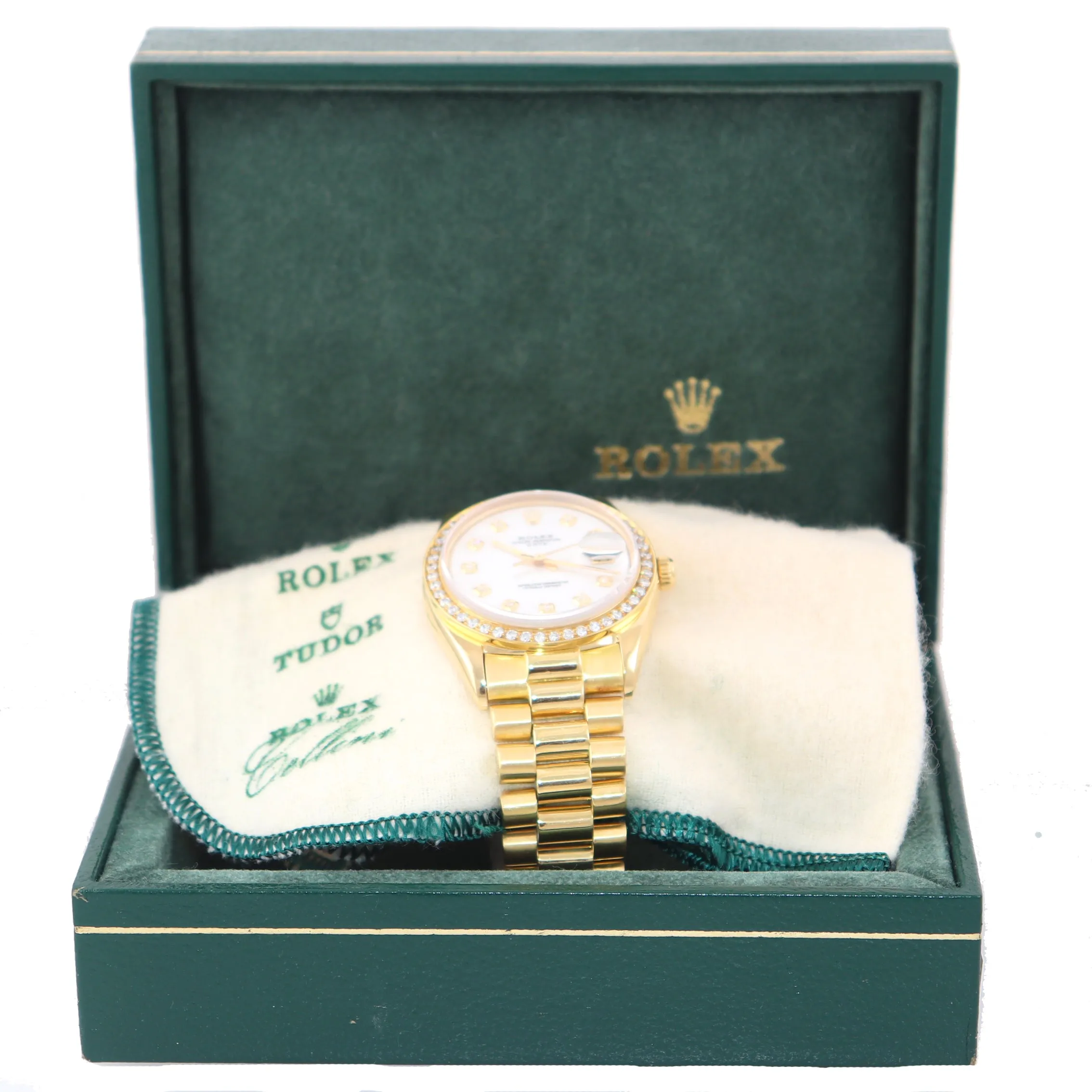 Rolex Date 1500 34mm Solid 14k Yellow Gold President MOP Diamond Bezel Watch