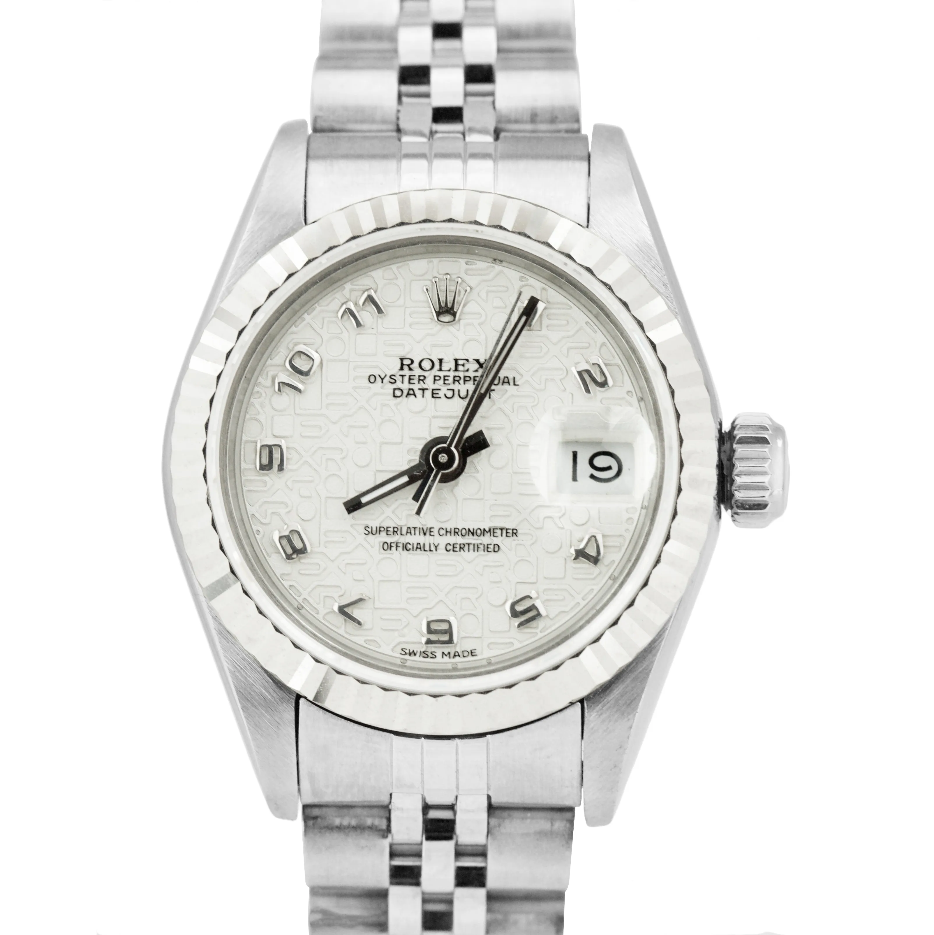 Rolex Datejust 26mm White Arabic 18K Gold Stainless Fluted Jubilee Watch 69174
