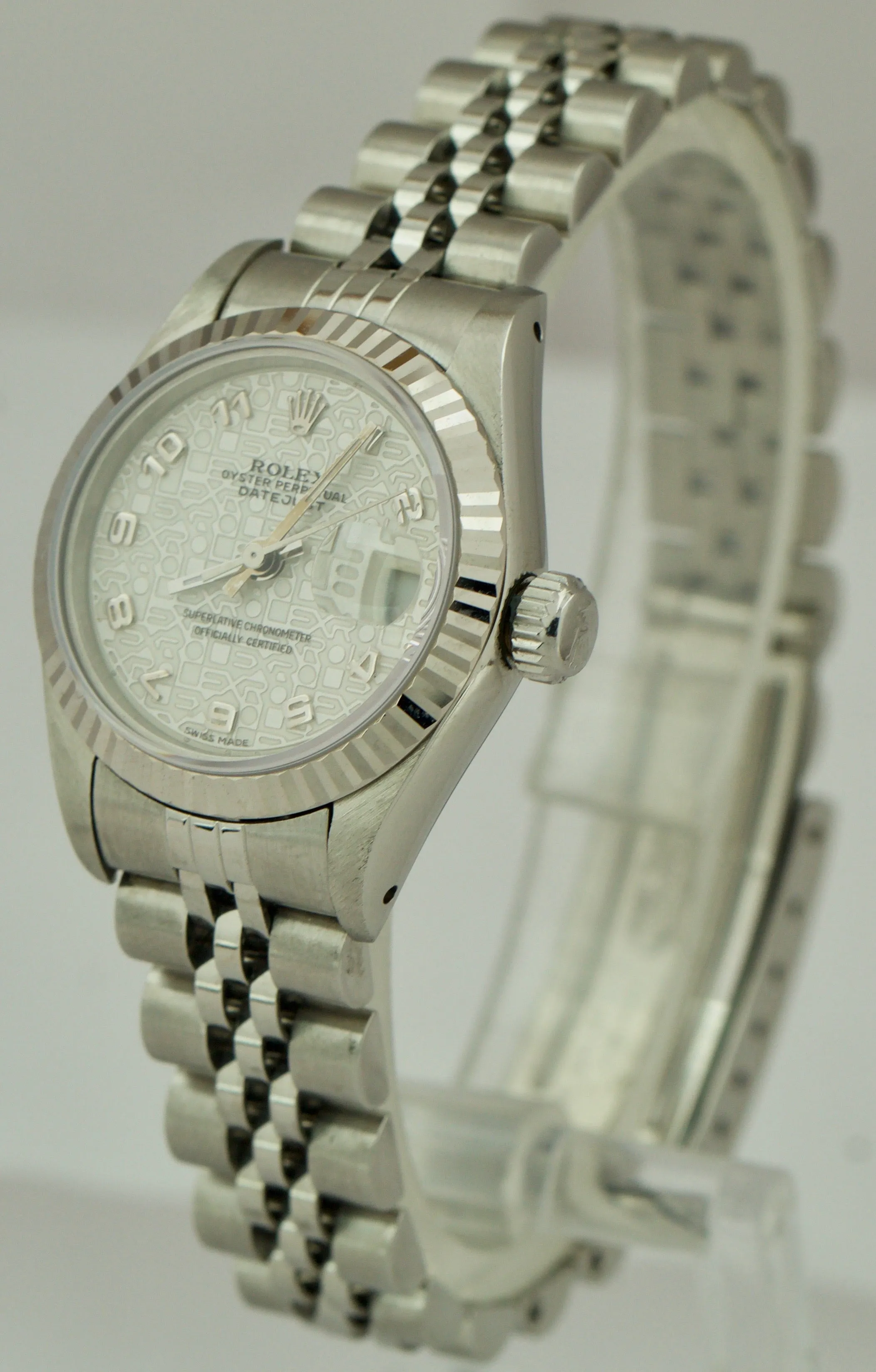 Rolex Datejust 26mm White Arabic 18K Gold Stainless Fluted Jubilee Watch 69174