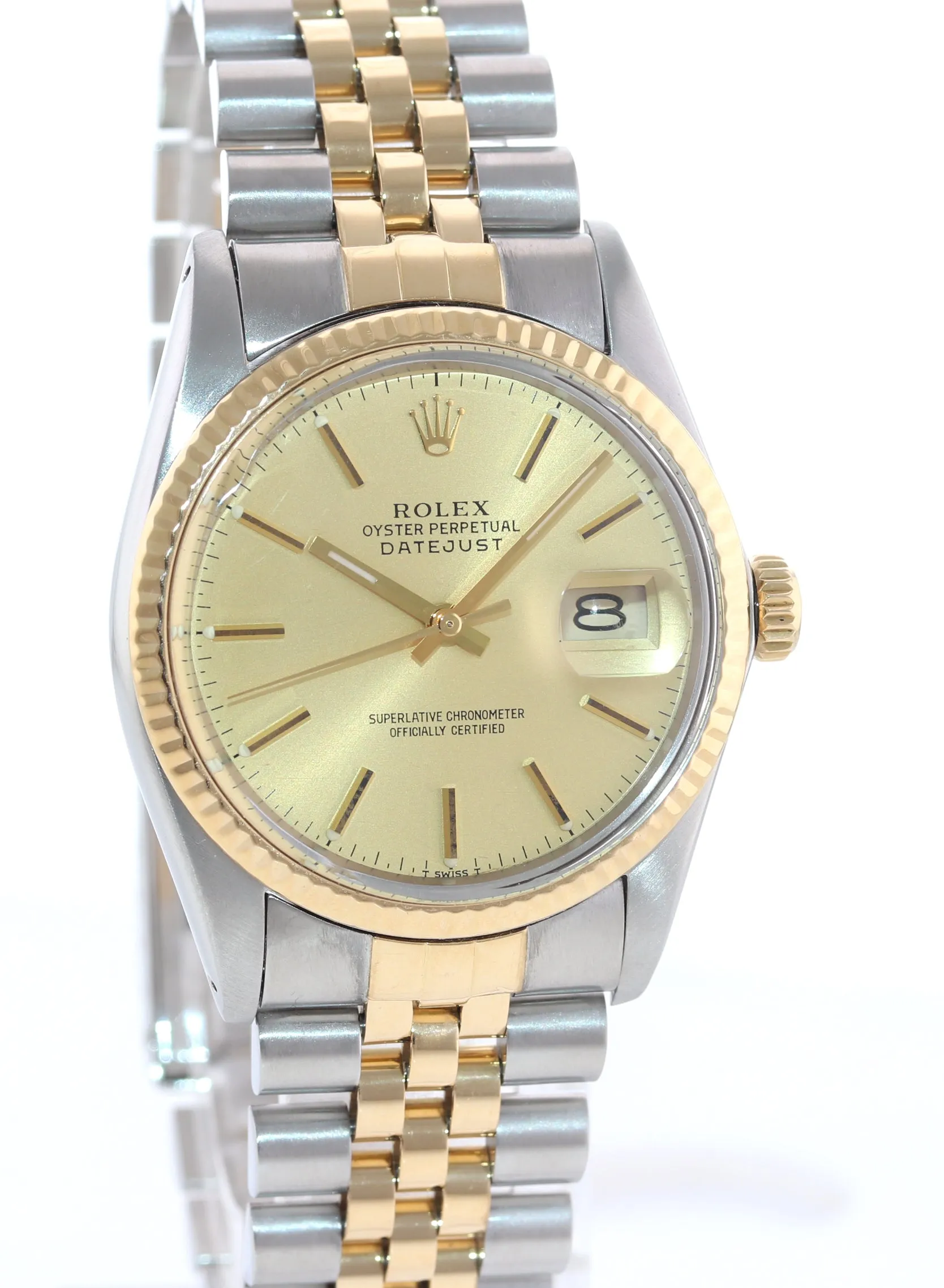 Rolex DateJust 36mm 16013 Two Tone 18k Gold Jubilee Champagne Stick Watch Box