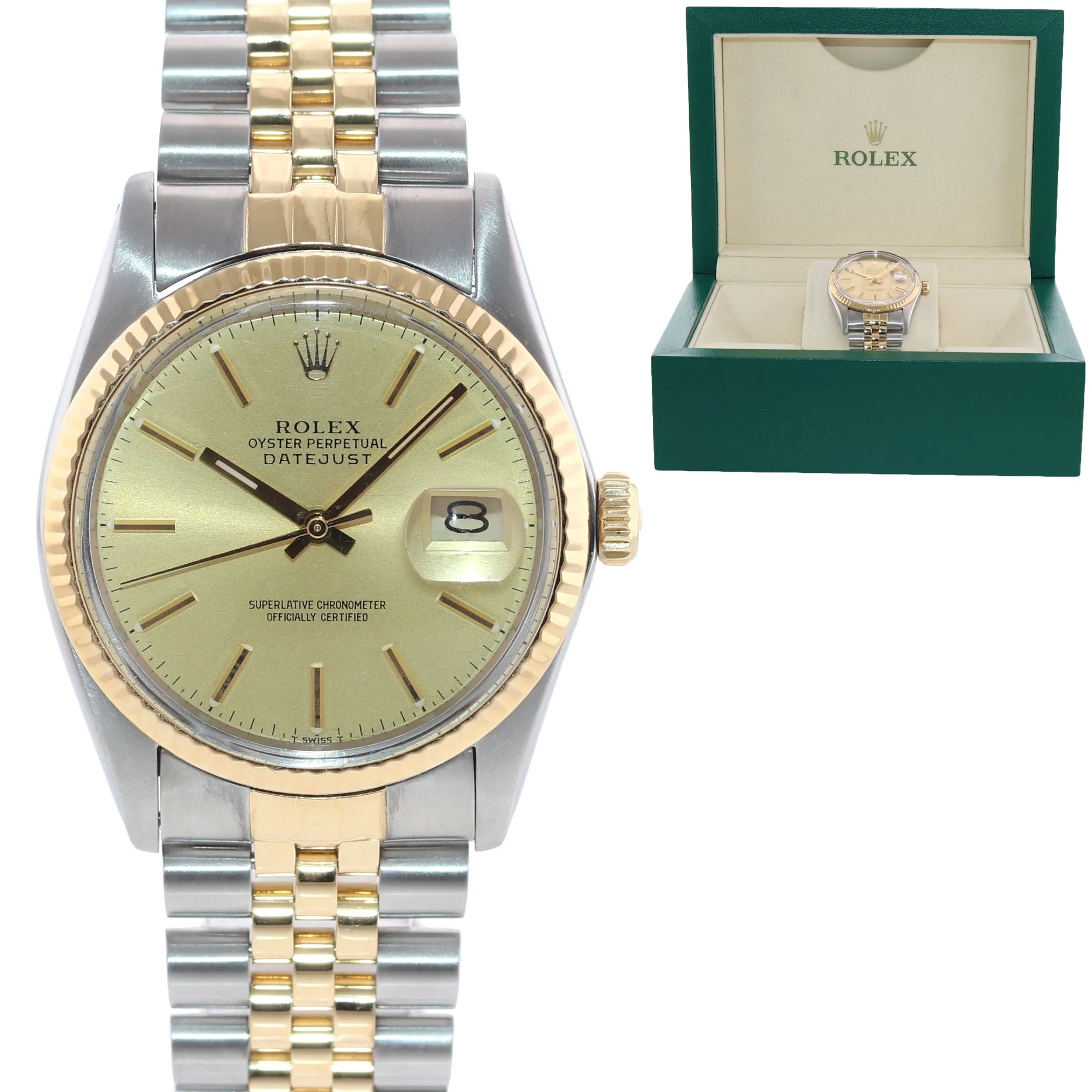 Rolex DateJust 36mm 16013 Two Tone 18k Gold Jubilee Champagne Stick Watch Box