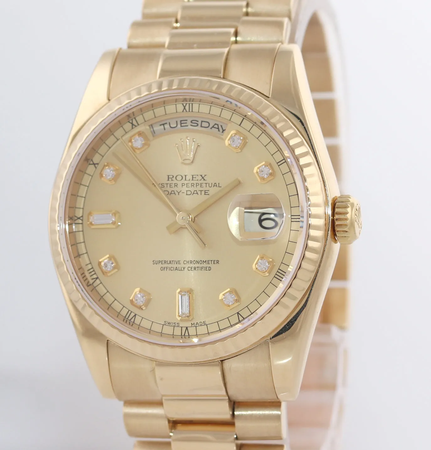 Rolex President Champagne Diamond Dial 18k Yellow Gold 118238 Modern Style Watch