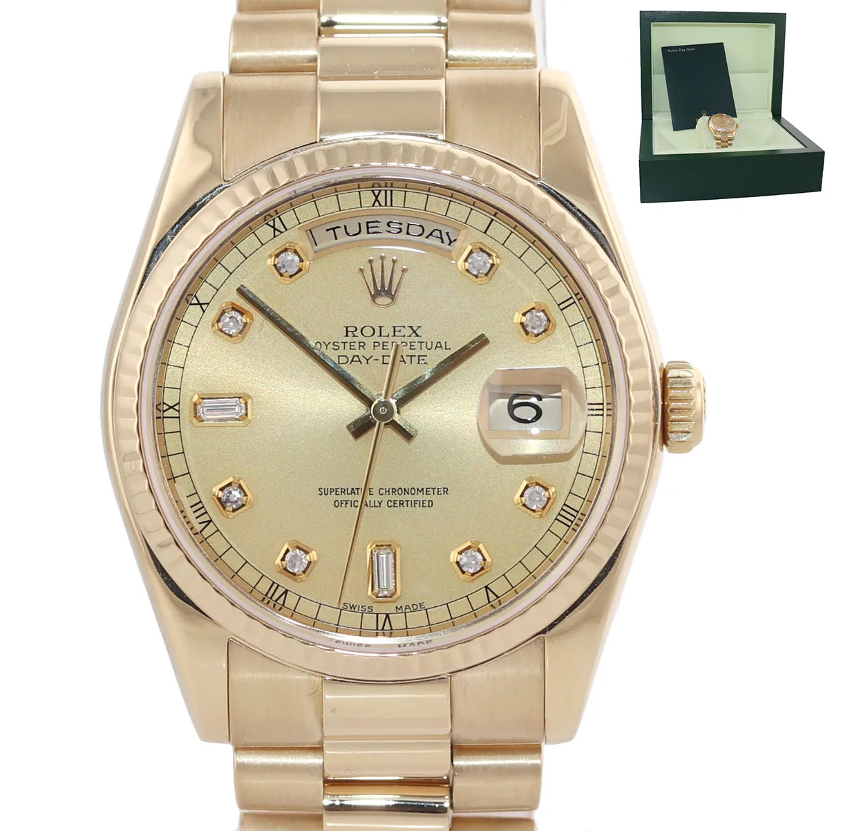 Rolex President Champagne Diamond Dial 18k Yellow Gold 118238 Modern Style Watch