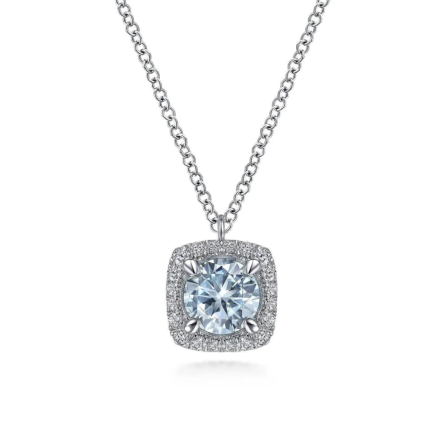 Round Aquamarine and Cushion Diamond Halo Pendant Necklace
