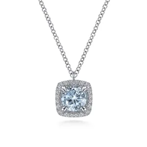 Round Aquamarine and Cushion Diamond Halo Pendant Necklace