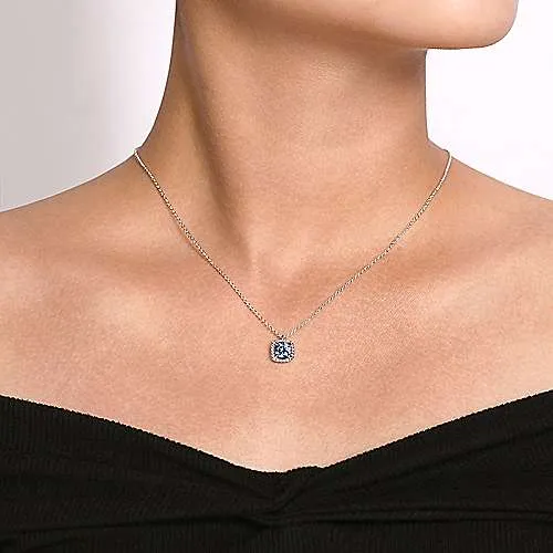 Round Aquamarine and Cushion Diamond Halo Pendant Necklace