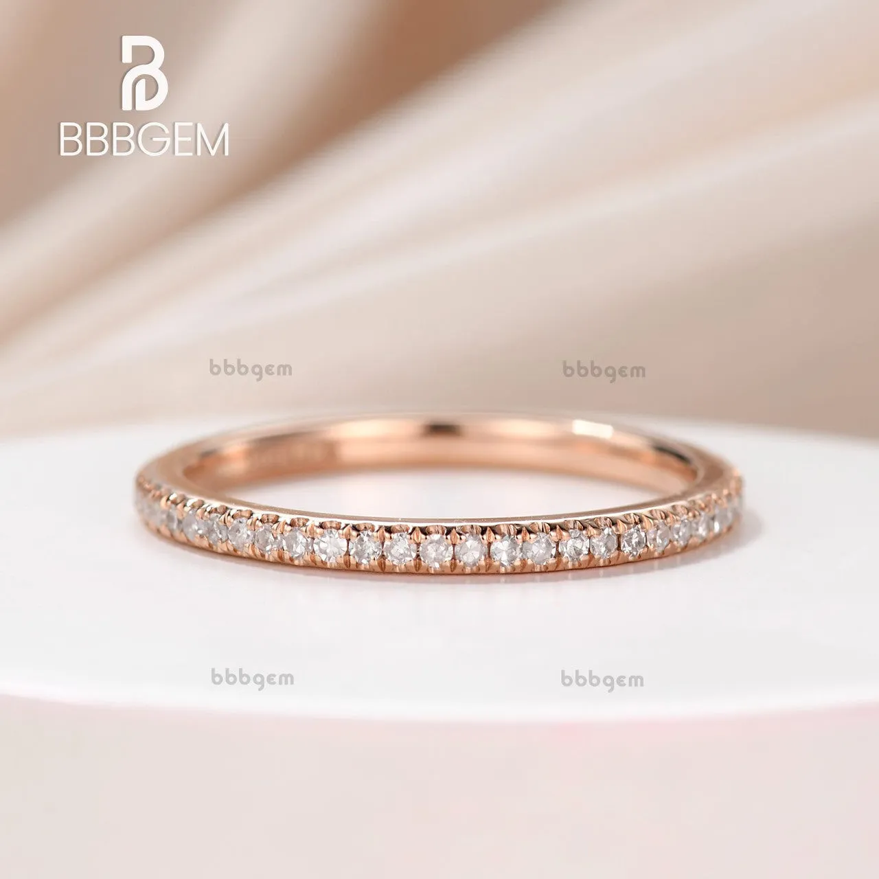 Round Diamond Wedding Ring Solid 14K Rose Gold Micro Pave Thin Design Full Eternity Matching Band