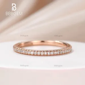 Round Diamond Wedding Ring Solid 14K Rose Gold Micro Pave Thin Design Full Eternity Matching Band
