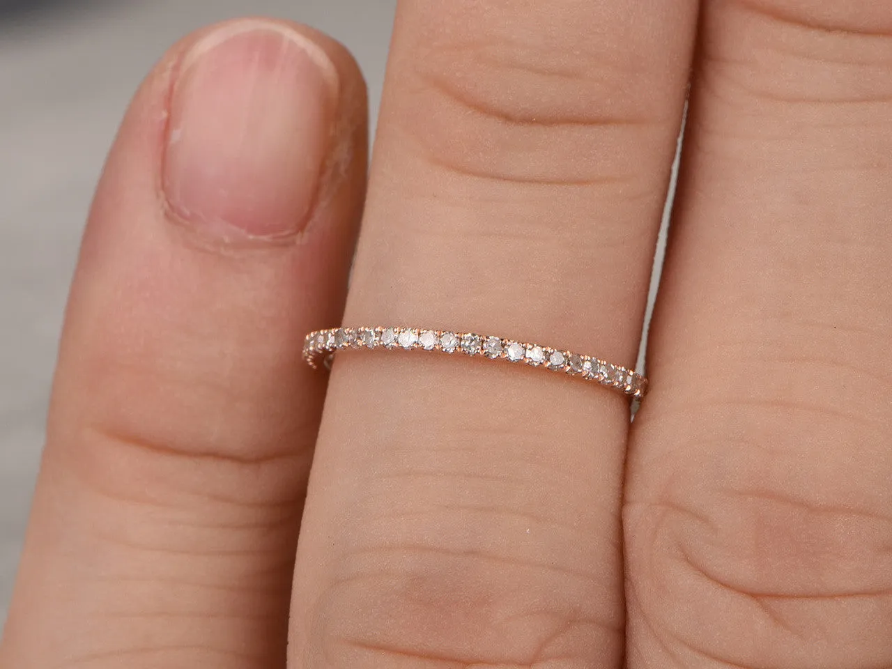 Round Diamond Wedding Ring Solid 14K Rose Gold Micro Pave Thin Design Full Eternity Matching Band
