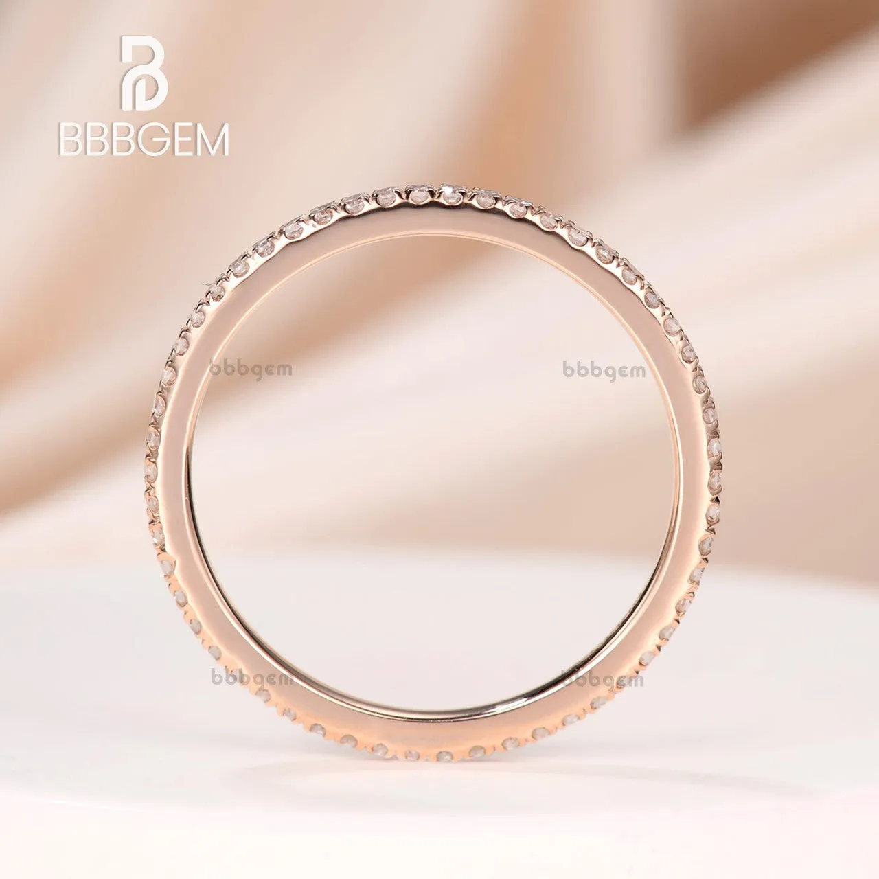 Round Diamond Wedding Ring Solid 14K Rose Gold Micro Pave Thin Design Full Eternity Matching Band