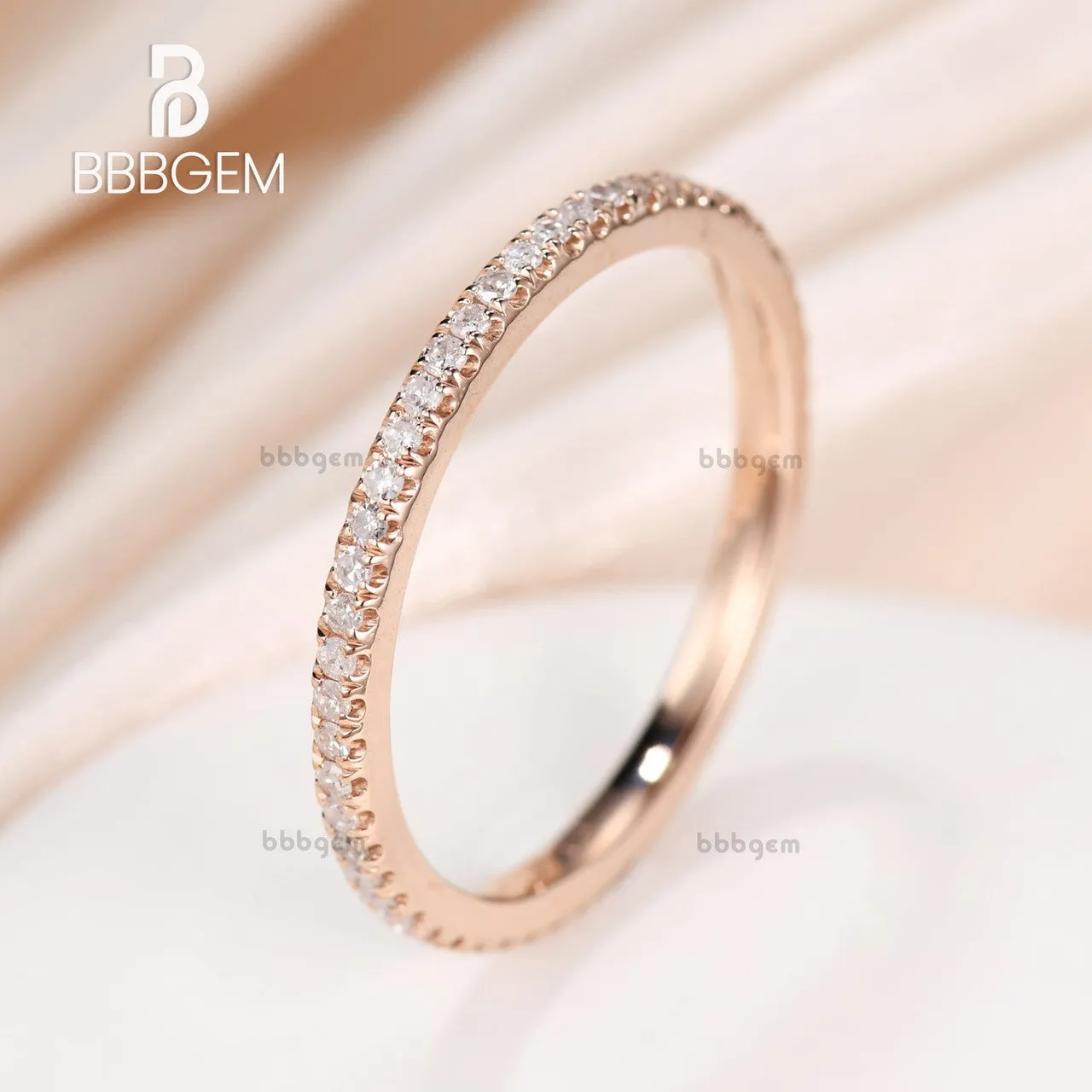 Round Diamond Wedding Ring Solid 14K Rose Gold Micro Pave Thin Design Full Eternity Matching Band