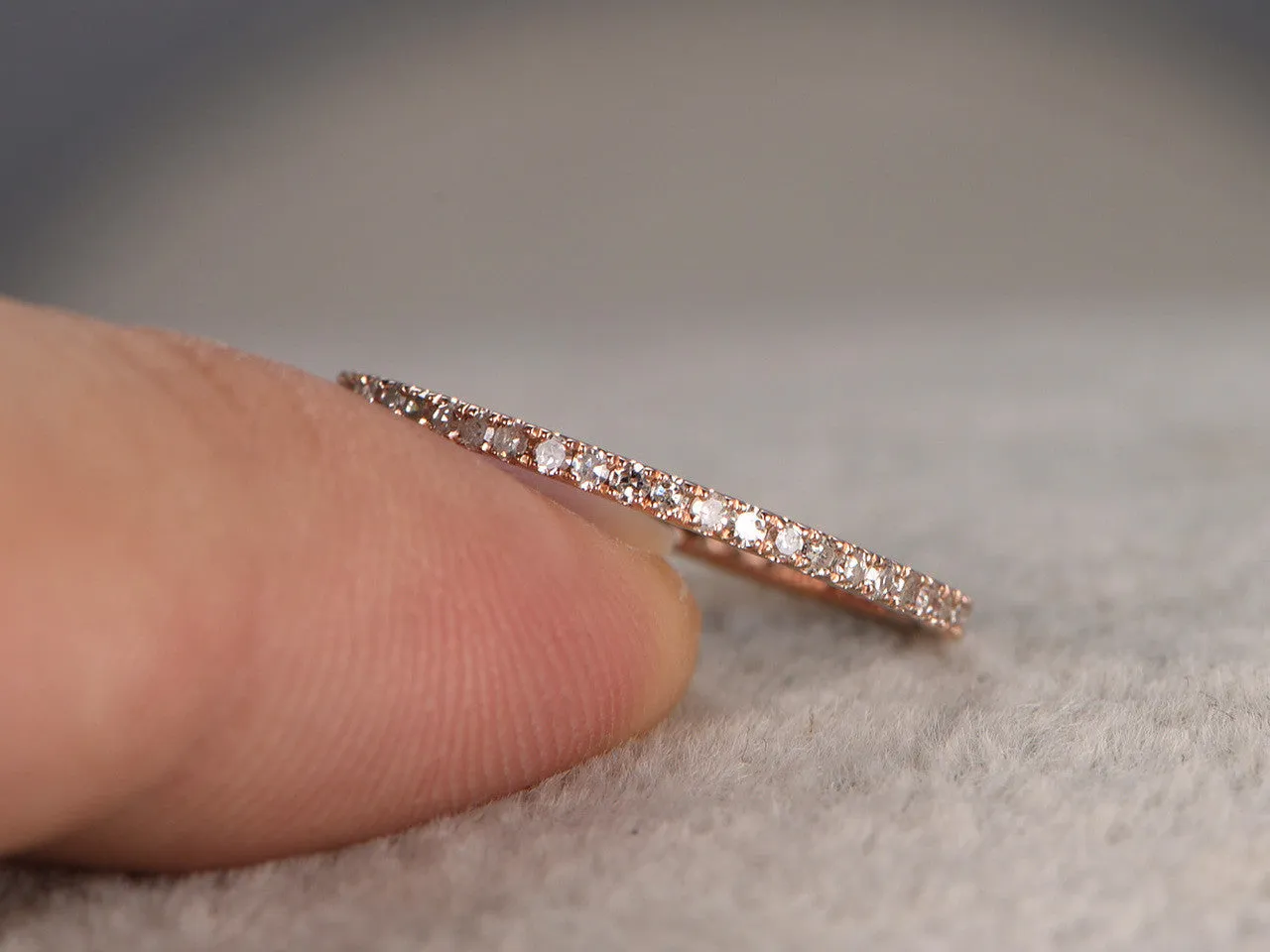 Round Diamond Wedding Ring Solid 14K Rose Gold Micro Pave Thin Design Full Eternity Matching Band