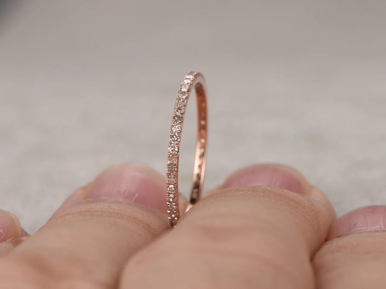 Round Diamond Wedding Ring Solid 14K Rose Gold Micro Pave Thin Design Full Eternity Matching Band