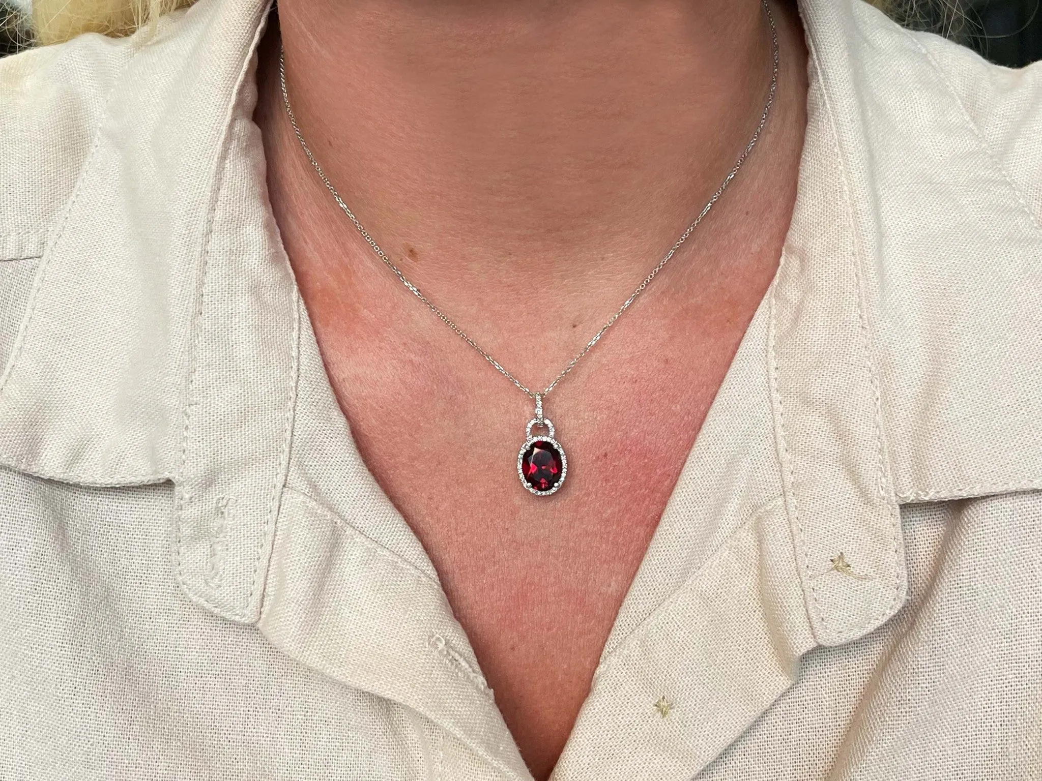 Rubelite Tourmaline Diamond Halo Necklace Solid 14k White Gold