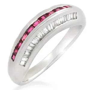 Ruby And Diamond Beveled Style Ring , 18k White Gold