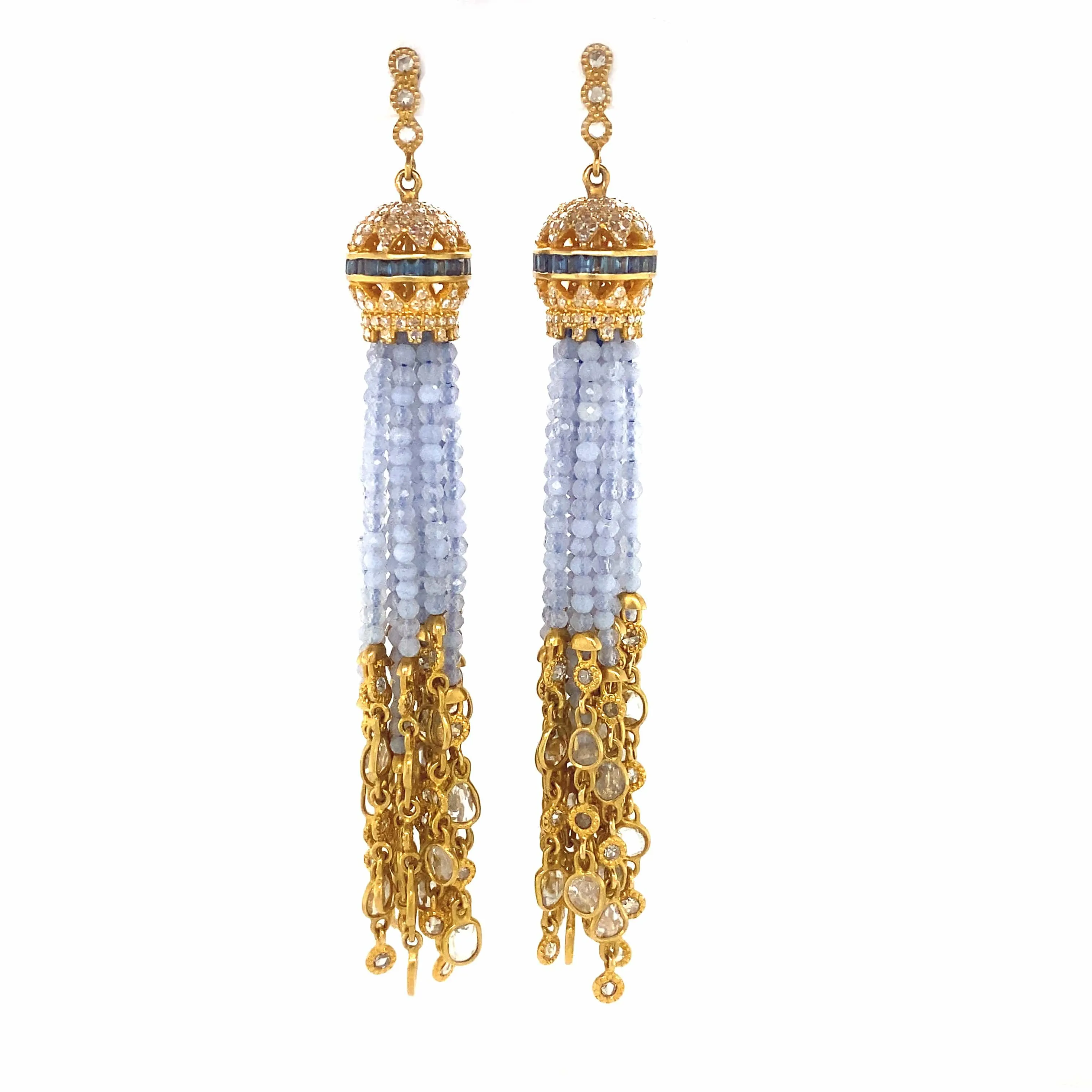 Sagrada Chalcedony and Blue Sapphire Halo Drop Earrings with Diamonds