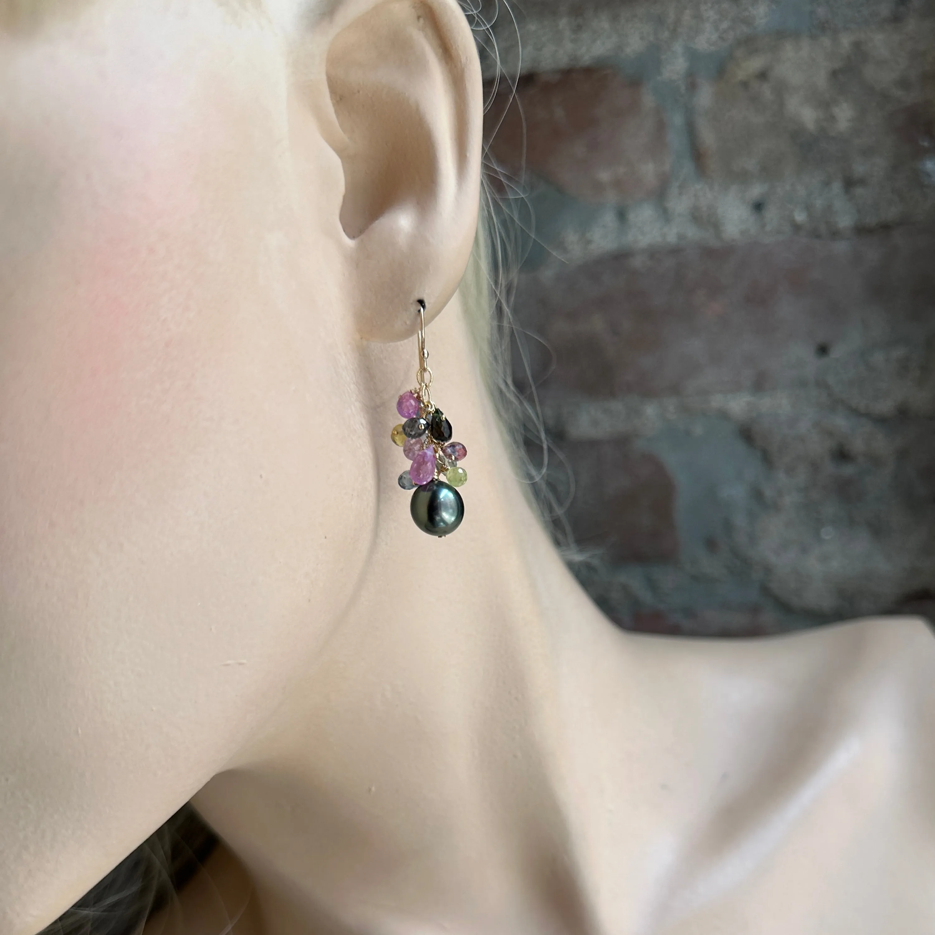 Sapphire with Black Tahitian Pearl Gold Earrings