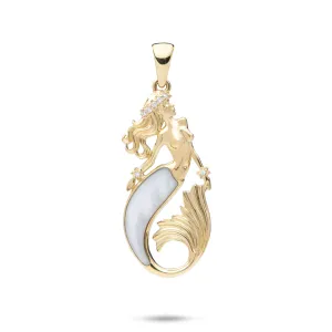 Sealife Mermaid Mother of Pearl Pendant in Gold with Diamonds - 30mm