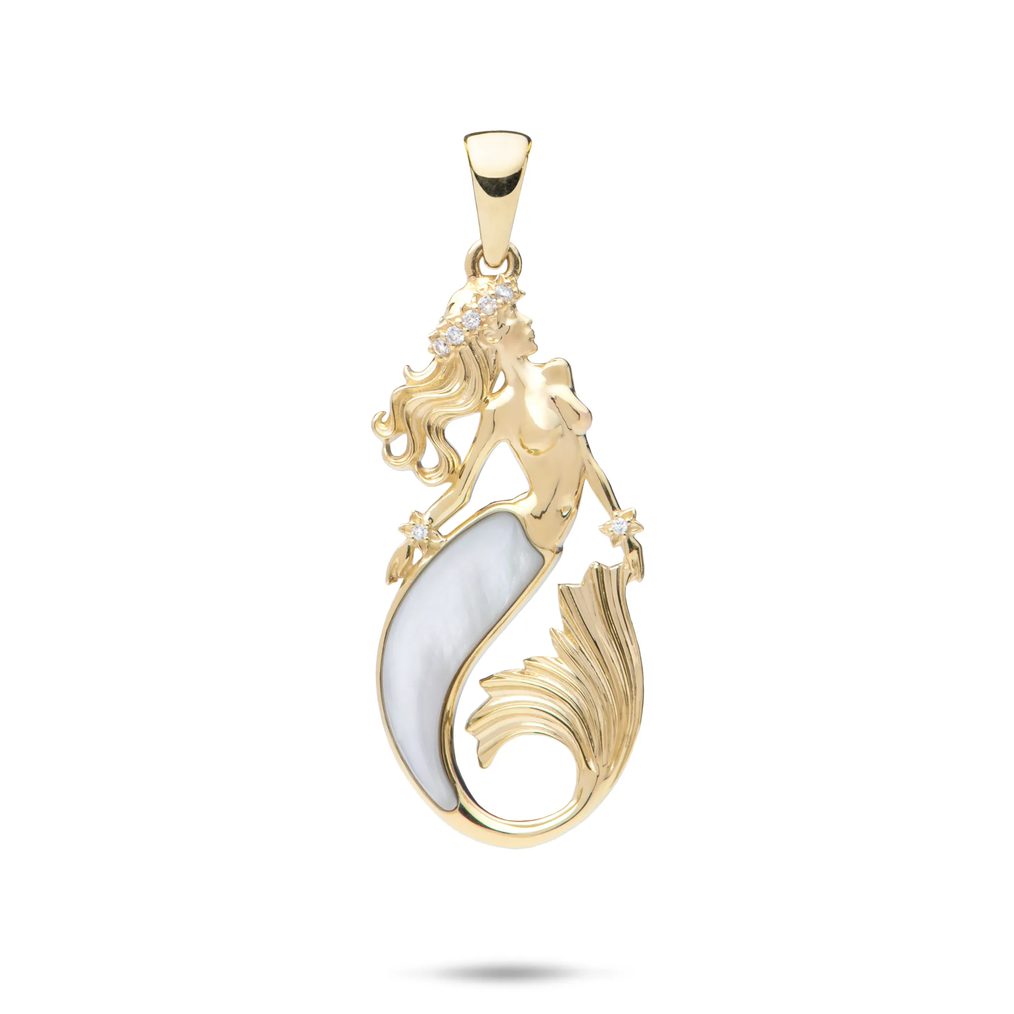 Sealife Mermaid Mother of Pearl Pendant in Gold with Diamonds - 30mm