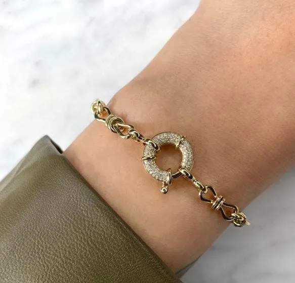 Shy Creation 14K Yellow Gold 0.18ctw Diamond Pave Clasp Link Bracelet
