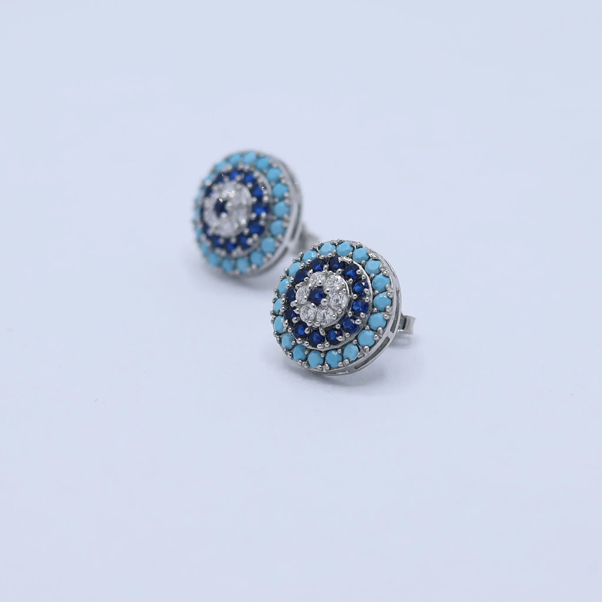 Silver Blue Round Studs Aquatic Sapphire White Gold Earring For Woman