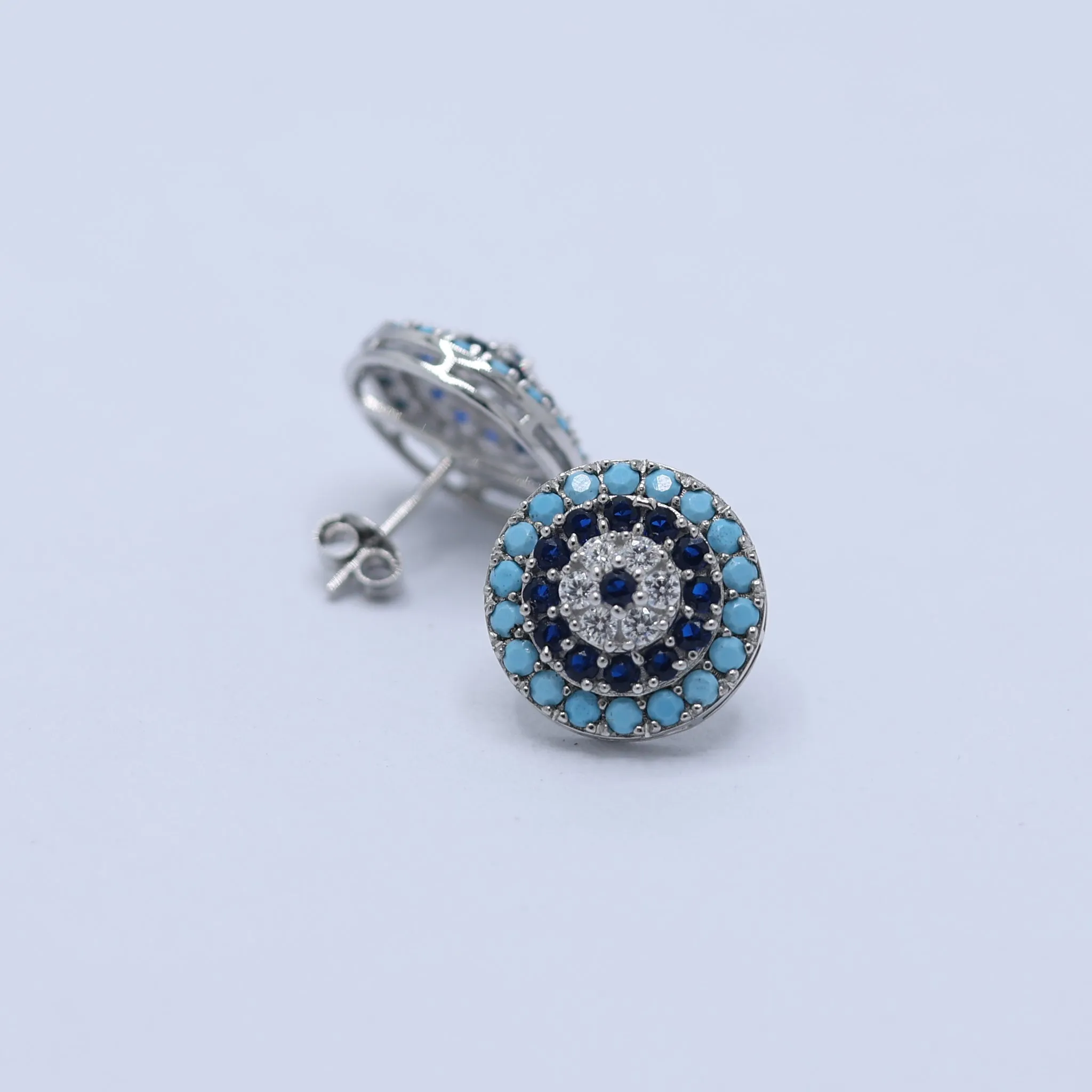 Silver Blue Round Studs Aquatic Sapphire White Gold Earring For Woman