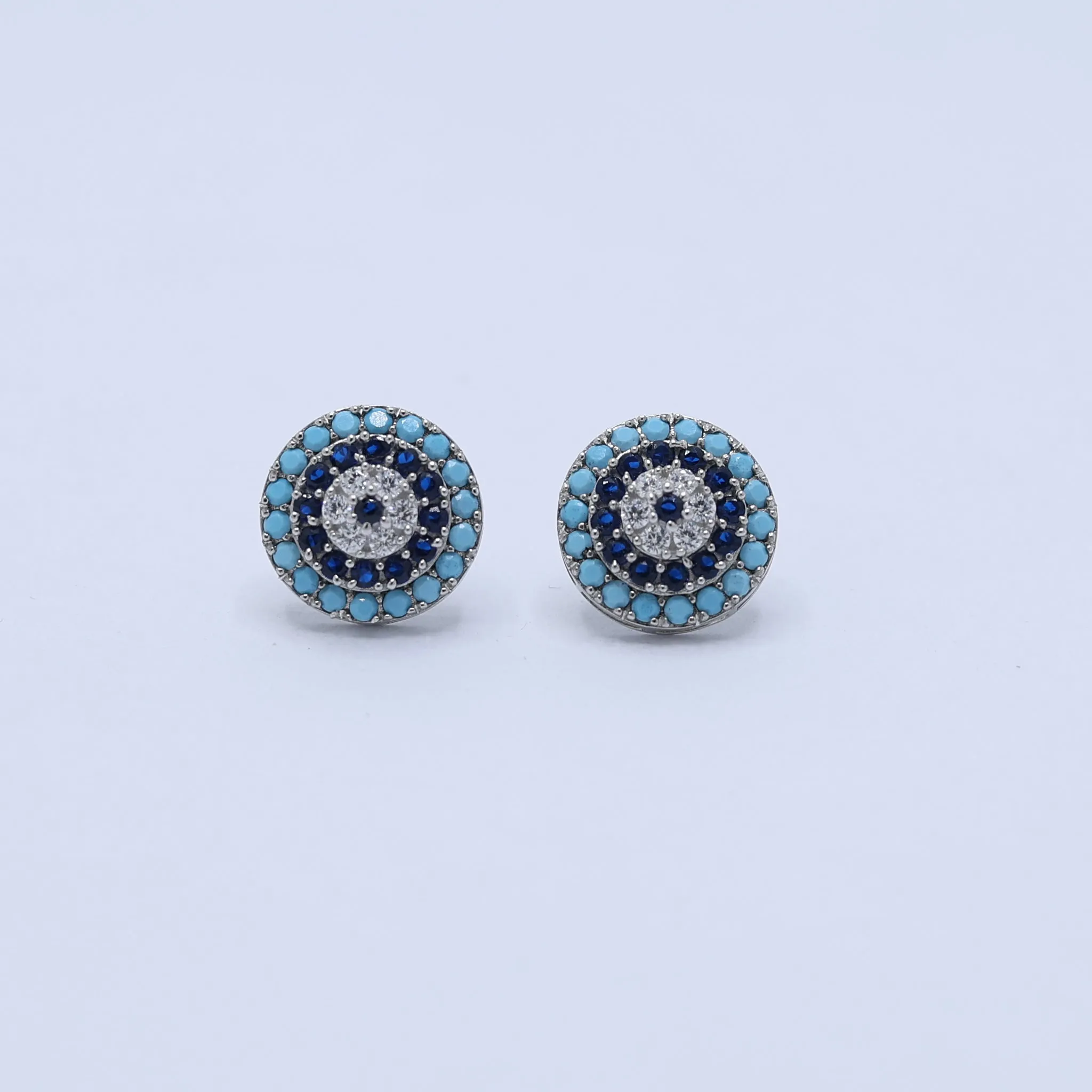 Silver Blue Round Studs Aquatic Sapphire White Gold Earring For Woman