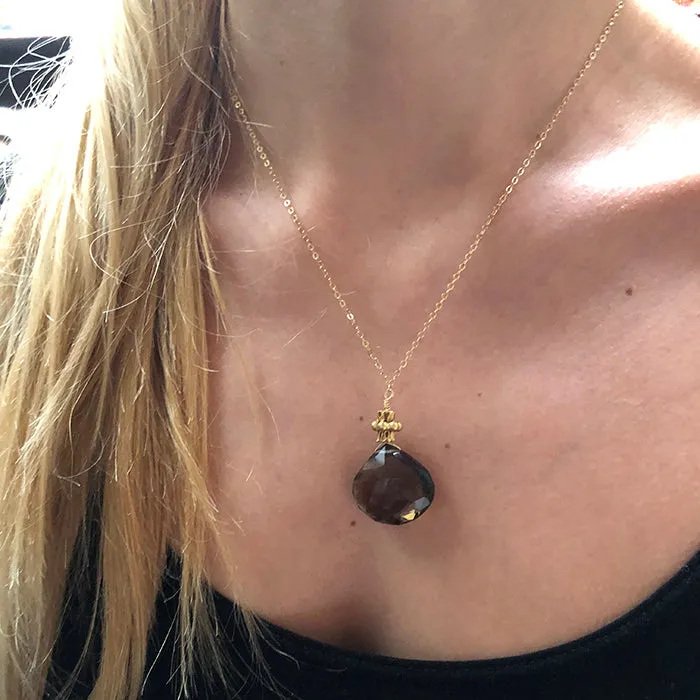Single Faceted Smoky Topaz Pendant With Gold Bead