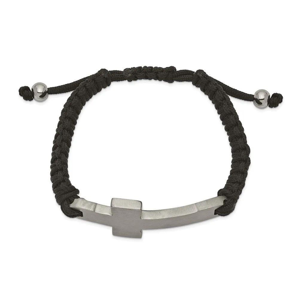 Stainless Steel Brushed and Polished Cross Black Nylon Adjustable Bracelet