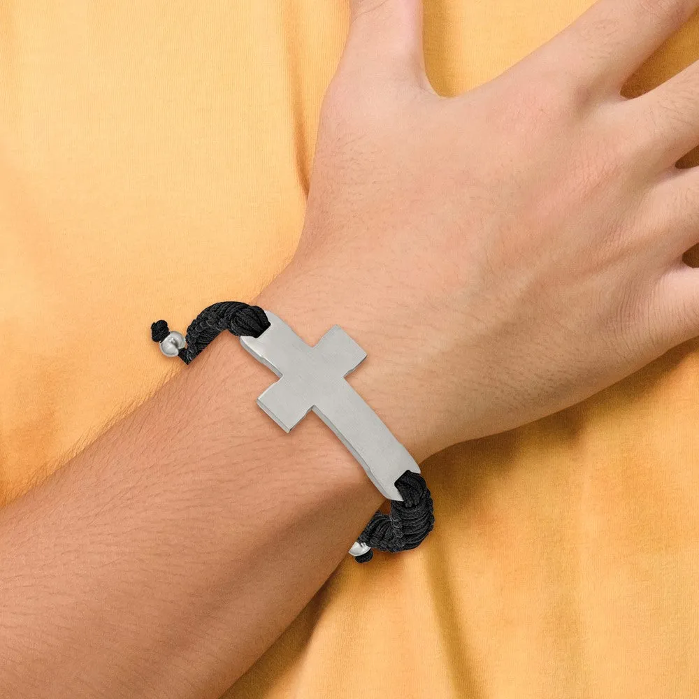 Stainless Steel Brushed and Polished Cross Black Nylon Adjustable Bracelet