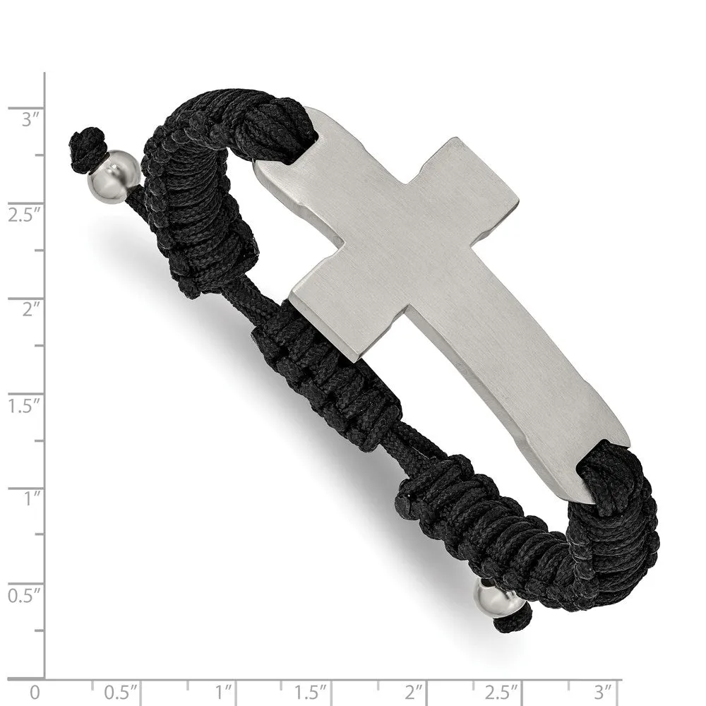 Stainless Steel Brushed and Polished Cross Black Nylon Adjustable Bracelet