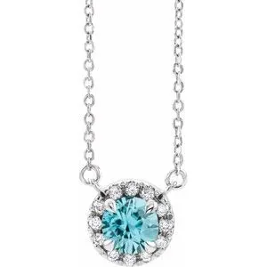 Sterling Silver 5 mm Natural Blue Zircon & 1/10 CTW Natural Diamond 16" Necklace
