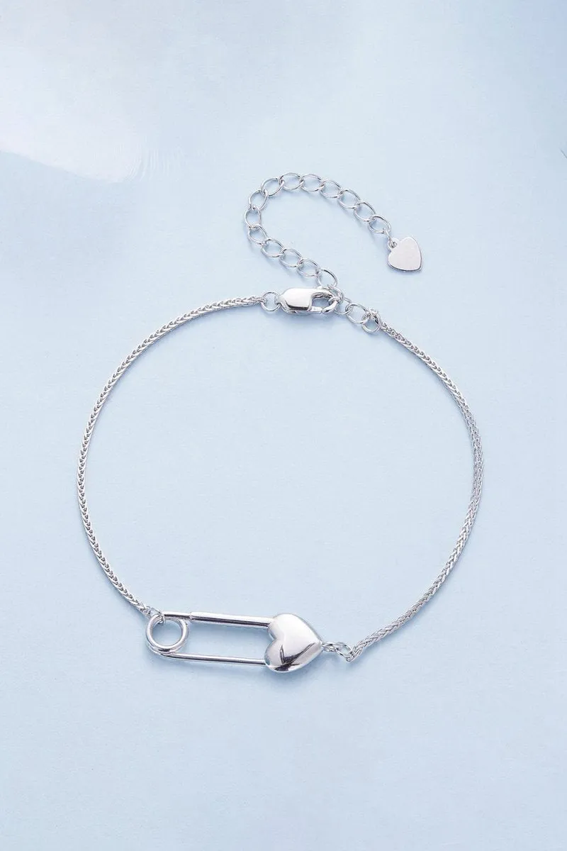 Sterling Silver Bracelet Chain with Heart Pin