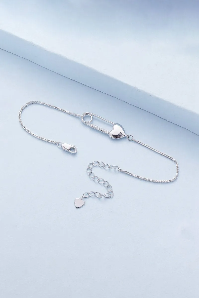Sterling Silver Bracelet Chain with Heart Pin