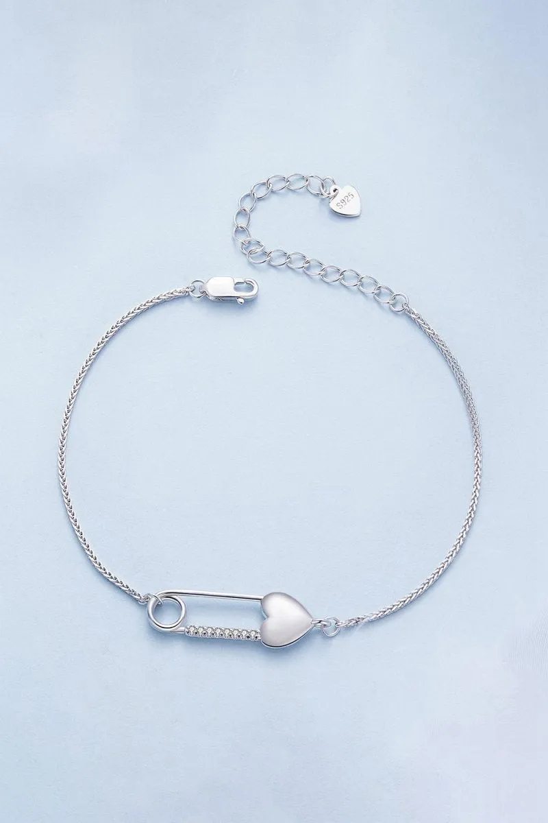 Sterling Silver Bracelet Chain with Heart Pin