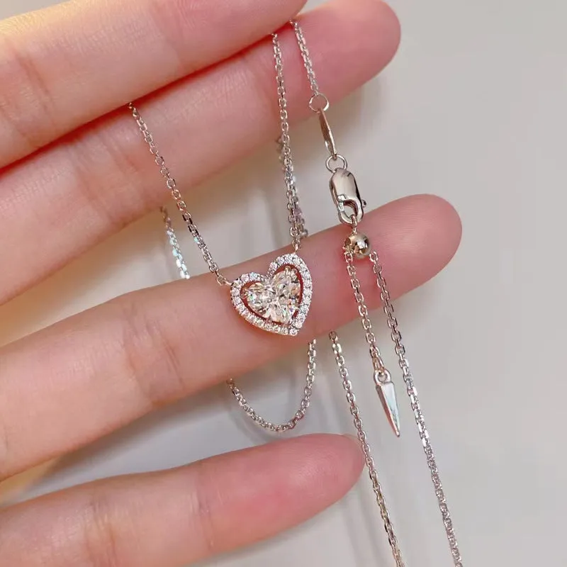 Sterling Silver Heart Halo Curb Pendant Necklace