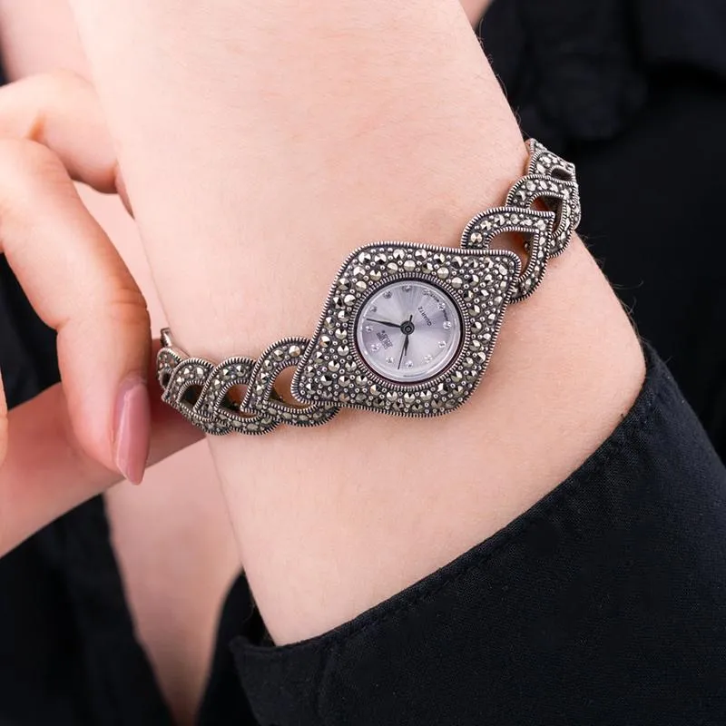 Sterling Silver Marcasite Hearts and Diamond Bracelet Watch
